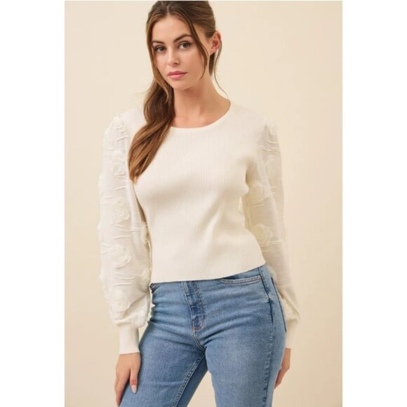 Tops - #13 Floral Contrast Sleeve Knit Top